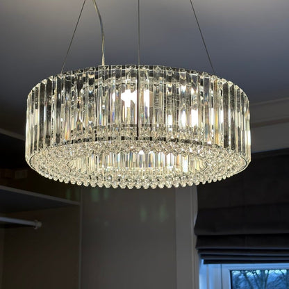 Round Chrome Fixture with Faceted Accents 20-Inch 6-Socket Adjustable Hanging Lamp for Foyer Dining Living Room Kitchen
