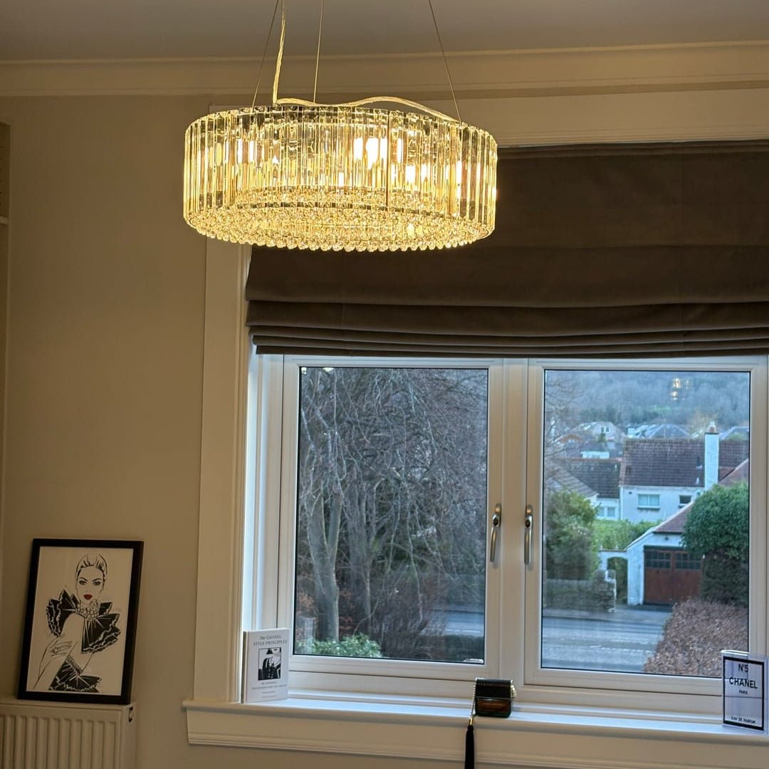 Round Chrome Fixture with Faceted Accents 20-Inch 6-Socket Adjustable Hanging Lamp for Foyer Dining Living Room Kitchen