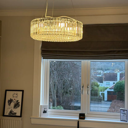 Round Chrome Fixture with Faceted Accents 20-Inch 6-Socket Adjustable Hanging Lamp for Foyer Dining Living Room Kitchen