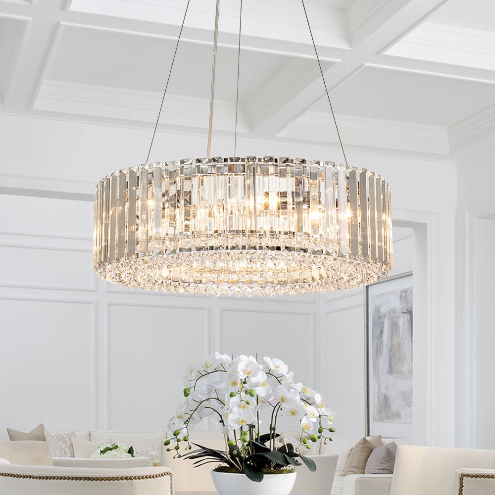 Round Chrome Fixture with Faceted Accents 20-Inch 6-Socket Adjustable Hanging Lamp for Foyer Dining Living Room Kitchen