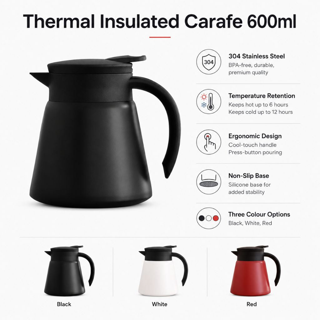 Stainless Steel Vacuum Carafe 20 oz – Double-Wall Insulated Coffee & Tea Server with Push-Button Spout for Kitchen, Office & Everyday Use