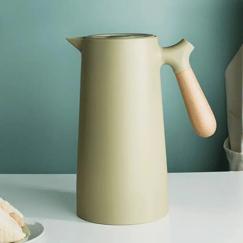 Insulated Glass Carafe with Wood Handle for Coffee Tea Water 34 oz Hot Cold Beverage Pitcher Vacuum Flask