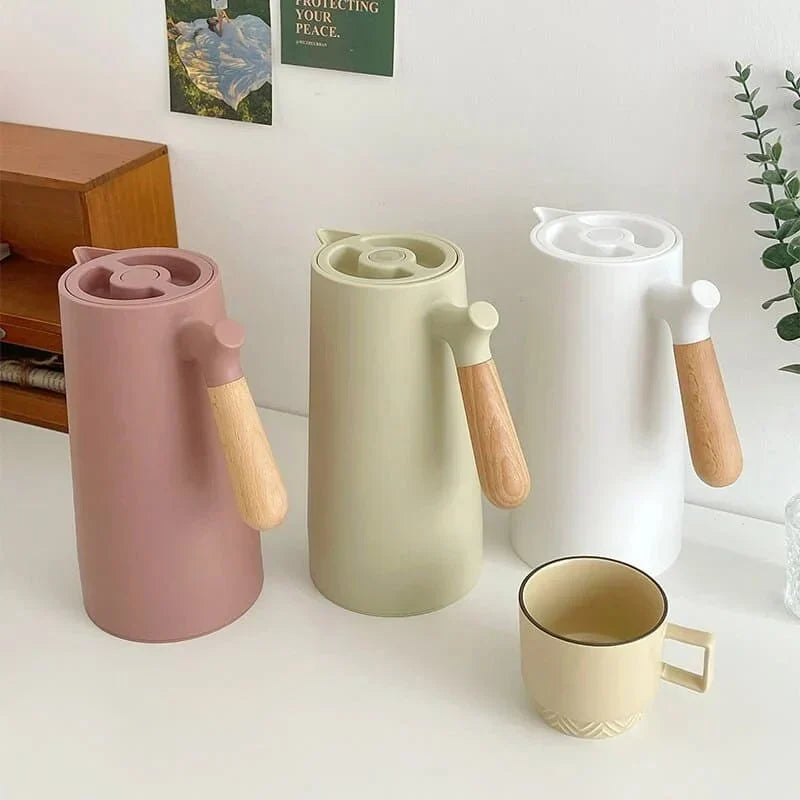 Insulated Glass Carafe with Wood Handle for Coffee Tea Water 34 oz Hot Cold Beverage Pitcher Vacuum Flask