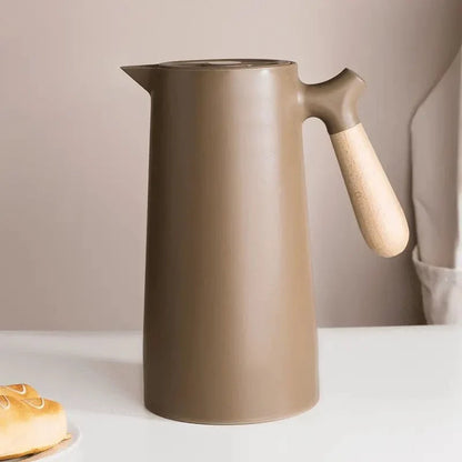 Insulated Glass Carafe with Wood Handle for Coffee Tea Water 34 oz Hot Cold Beverage Pitcher Vacuum Flask