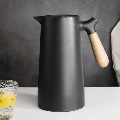 Insulated Glass Carafe with Wood Handle for Coffee Tea Water 34 oz Hot Cold Beverage Pitcher Vacuum Flask