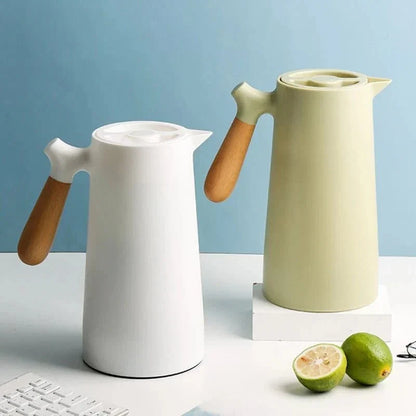 Insulated Glass Carafe with Wood Handle for Coffee Tea Water 34 oz Hot Cold Beverage Pitcher Vacuum Flask