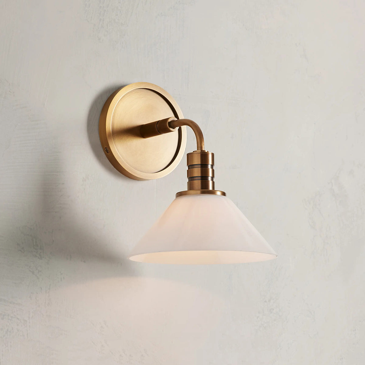 Industrial Wall Sconce with Glass Cone Shade – Brass or Bronze Finish, Hardwired Modern Lighting for Hallway, Bedroom & Living Room