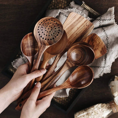 7-Piece Teak Kitchen Tool Set with Ergonomic Grip for Safe Nonstick Pan Use, Soup Stirring, Sauce Prep, Family Meals, Organized Countertop S