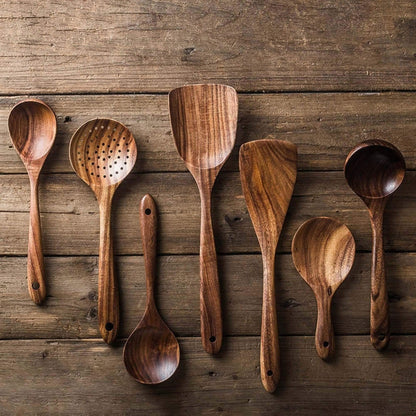 7-Piece Teak Kitchen Tool Set with Ergonomic Grip for Safe Nonstick Pan Use, Soup Stirring, Sauce Prep, Family Meals, Organized Countertop S