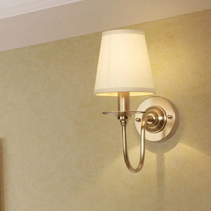 Classic Metal Wall Sconce with Curved Arm & White Fabric Shade – Hardwired Indoor Accent Light for Bedroom, Hallway & Living Room