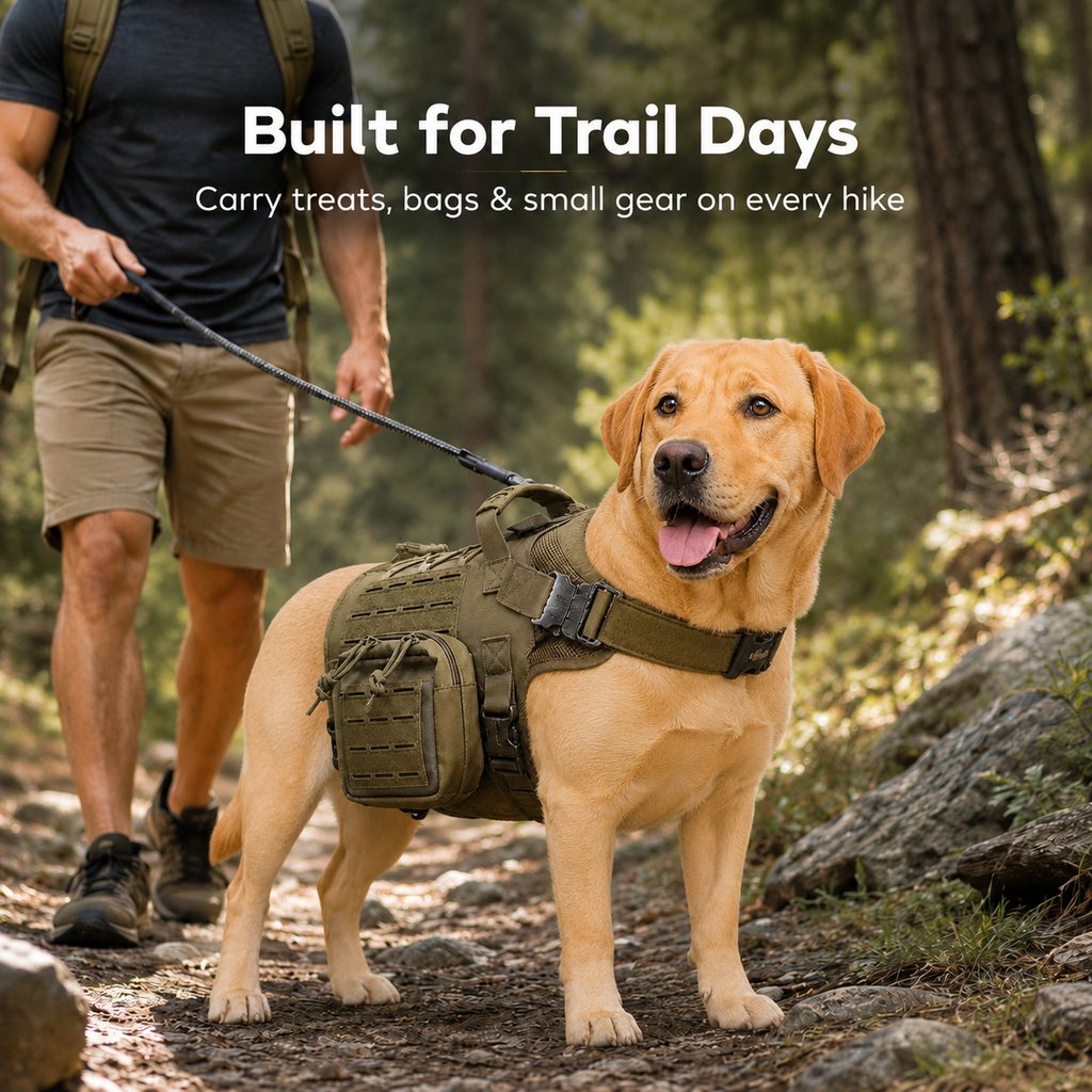 Ortekor TrailGuard K9 Tactical Dog Backpack Harness with Dual Side Pouches for Hiking, Camping & Outdoor Walks