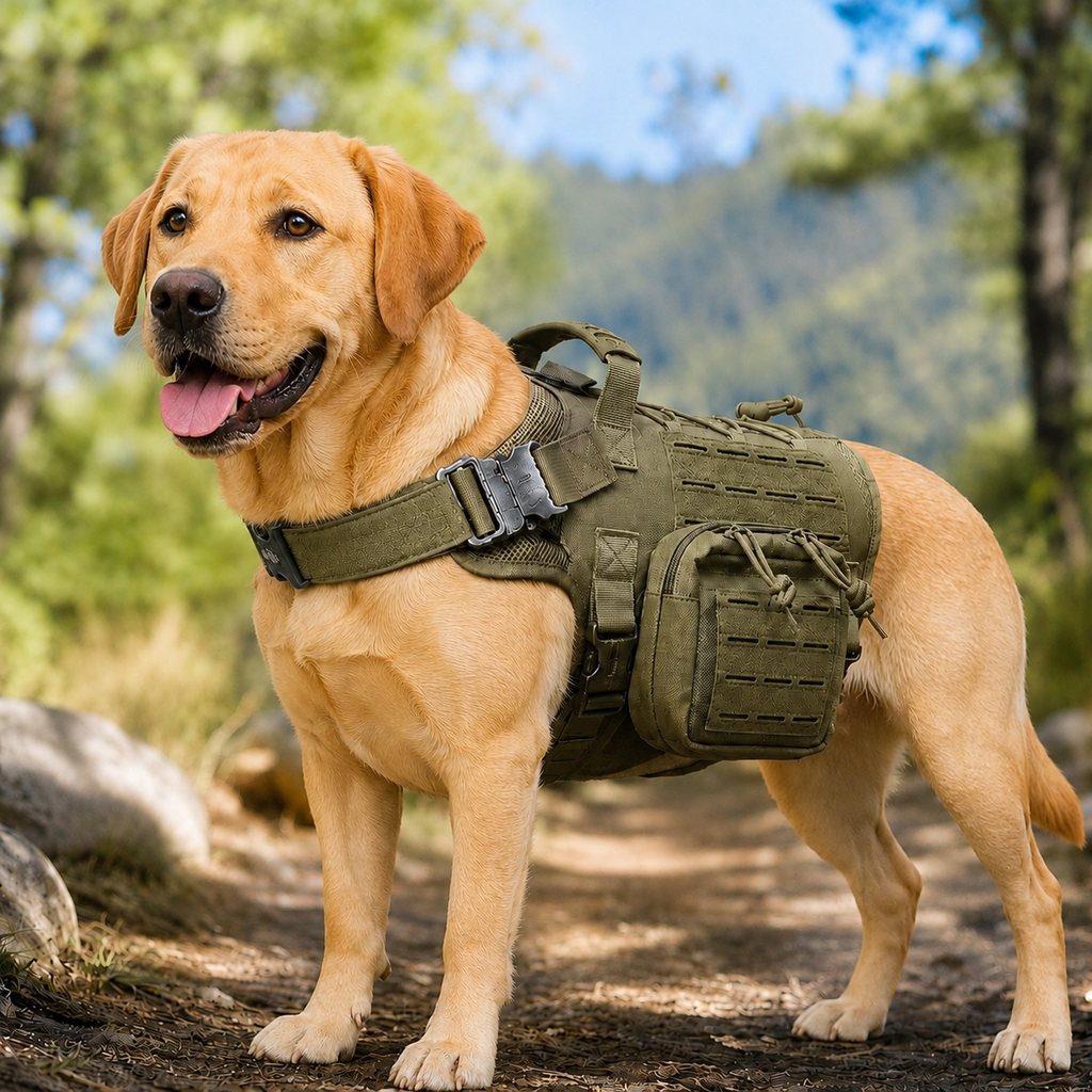 Ortekor TrailGuard K9 Tactical Dog Backpack Harness with Dual Side Pouches for Hiking, Camping & Outdoor Walks