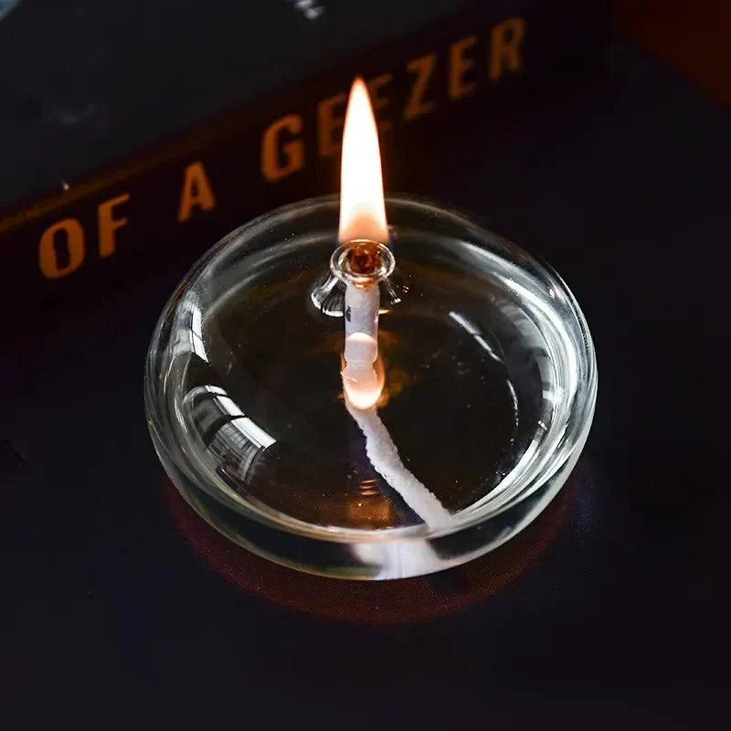 Clear Glass Oil Lamp Candle Holder with Wick for Table Centerpiece | Rustic Tabletop Lighting | Ambient Flame Décor for Dining Room