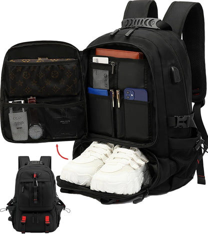 Sacs à dos de voyage avec port de charge USB, sac à dos imperméable avec compartiment pour chaussures, sac à dos pour ordinateur portable extensible de 60 L