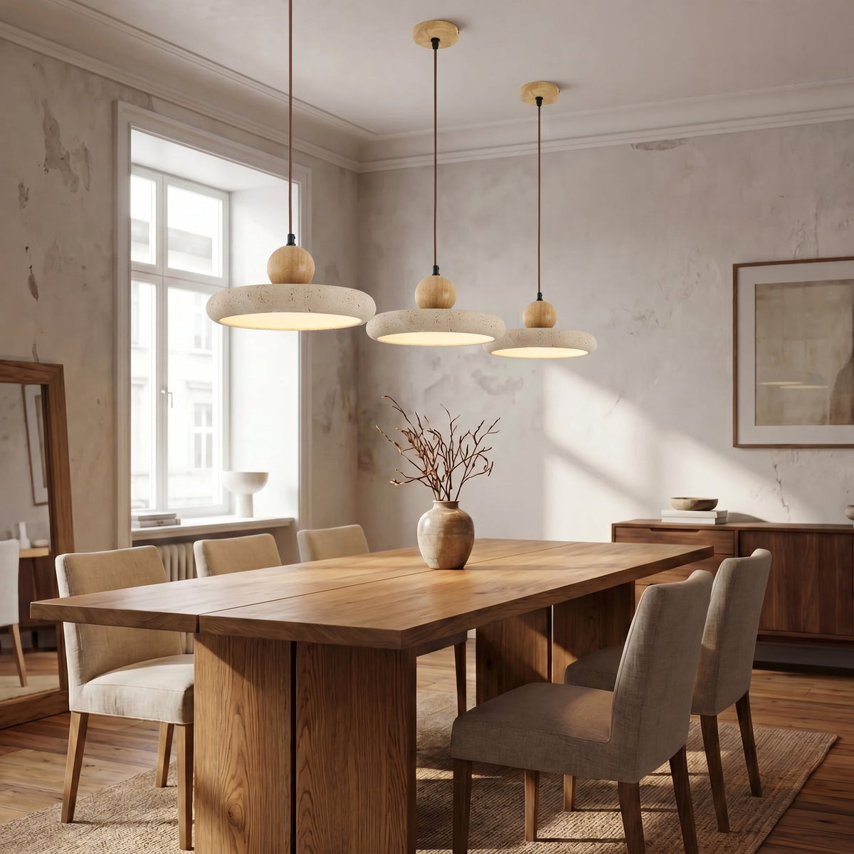 Travertine Stone & Wood Pendant Light – LED Ceiling Lamp for Dining Room, Kitchen Island & Bar – Scandinavian Minimalist Design
