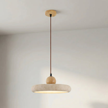 Travertine Stone & Wood Pendant Light – LED Ceiling Lamp for Dining Room, Kitchen Island & Bar – Scandinavian Minimalist Design