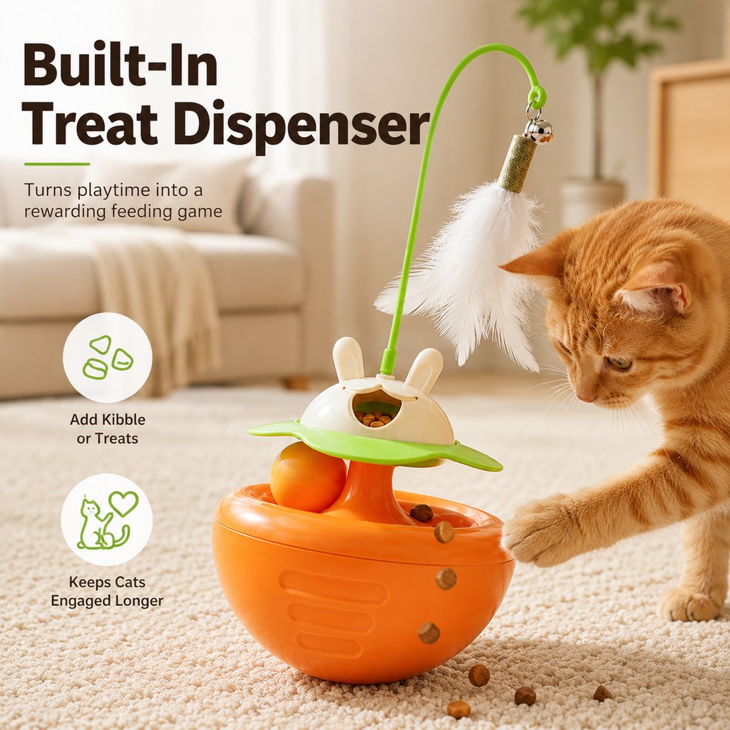 Ortekor Interactive Wobble Cat Toy for Indoor Cats - Treat-Dispensing Feather Teaser That Keeps Cats Busy