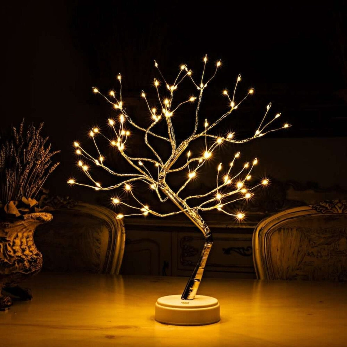 Cordless Tree Silhouette LED Accent Light for Nightstand Battery or USB Powered 19 inch Decorative Copper Lamp for Bedside Reading Home Offi
