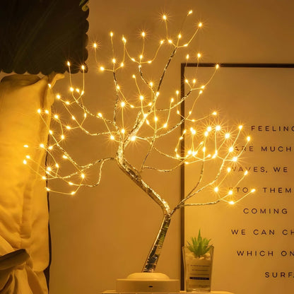 Cordless Tree Silhouette LED Accent Light for Nightstand Battery or USB Powered 19 inch Decorative Copper Lamp for Bedside Reading Home Offi