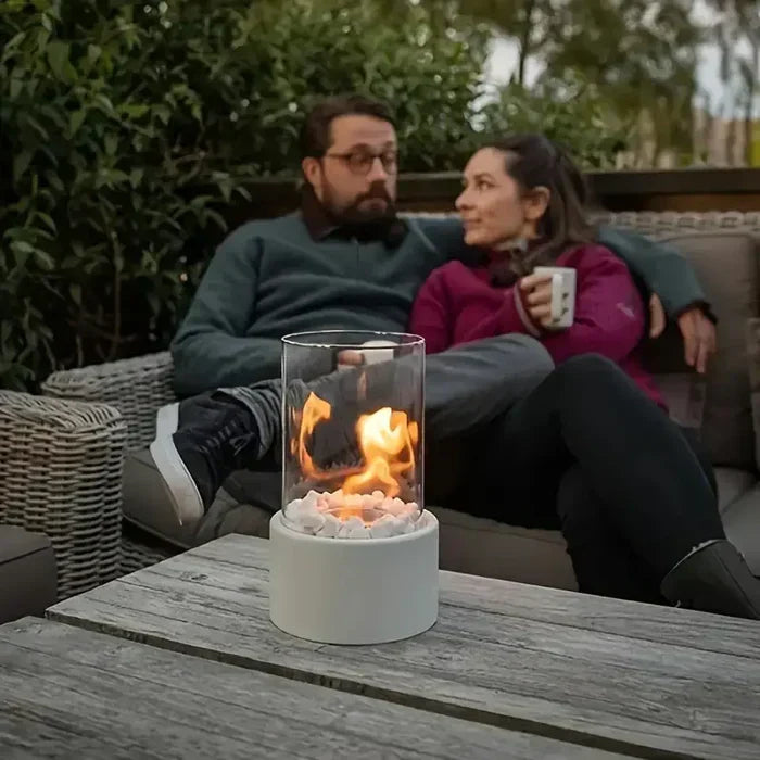 Portable Tabletop Fire Lantern with Glass Cylinder for Indoor Outdoor Ambient Lighting | Gas Fuel Flame Accent Décor for Patio Dining Living