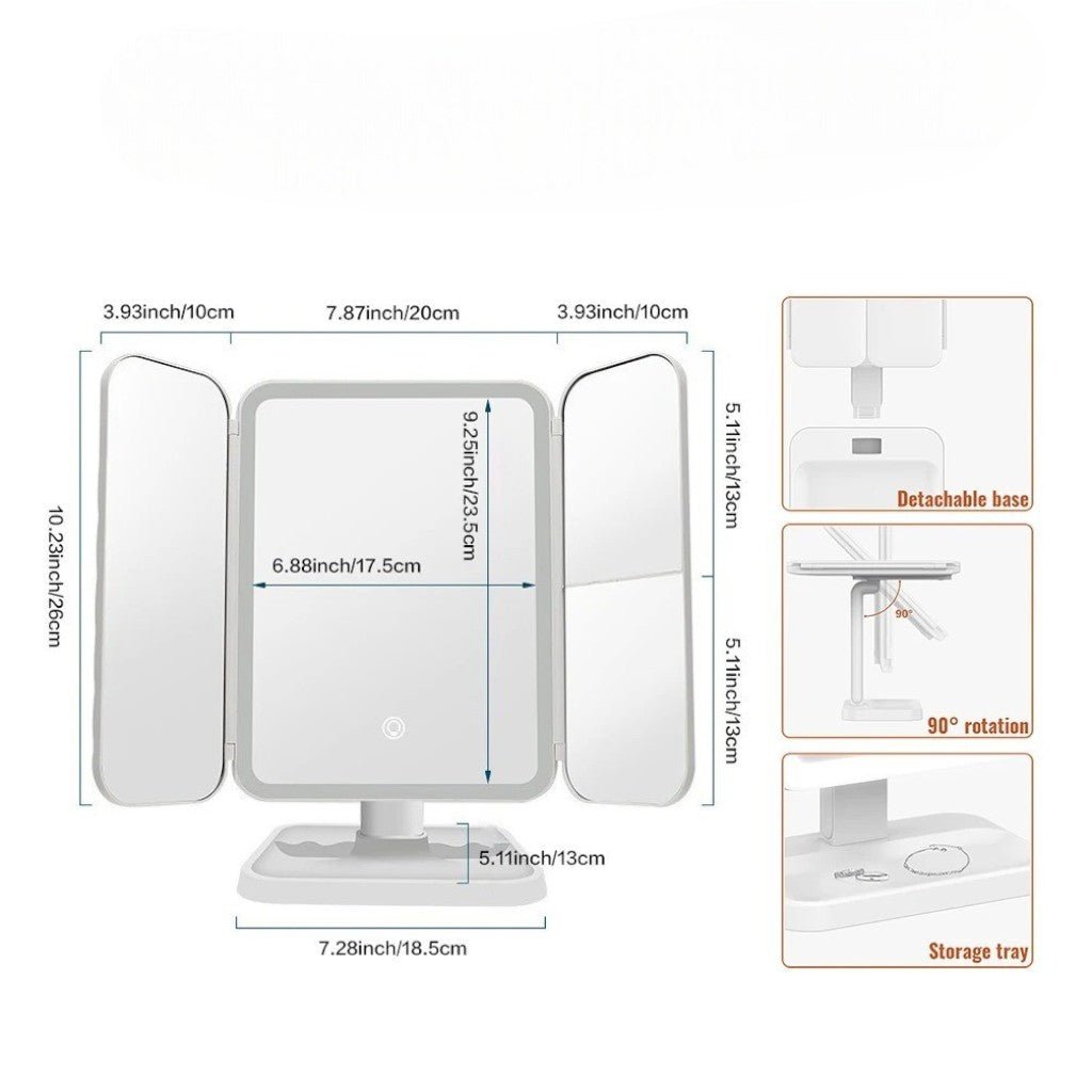 LED Vanity Mirror 4-Panel Fold-Out with 1X 2X 3X 10X Zoom Touch Control Rechargeable for Makeup Application