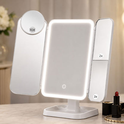 LED Vanity Mirror 4-Panel Fold-Out with 1X 2X 3X 10X Zoom Touch Control Rechargeable for Makeup Application