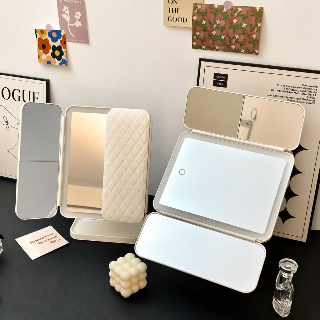 LED Vanity Mirror 4-Panel Fold-Out with 1X 2X 3X 10X Zoom Touch Control Rechargeable for Makeup Application