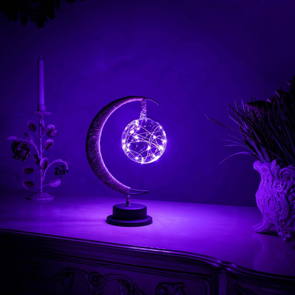 Lampe de table lune en verre avec lueur LED chaleureuse – Lampe d'appoint croissant à piles pour chambre, salon et table de chevet