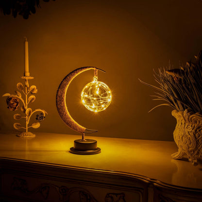 Lampe de table lune en verre avec lueur LED chaleureuse – Lampe d'appoint croissant à piles pour chambre, salon et table de chevet