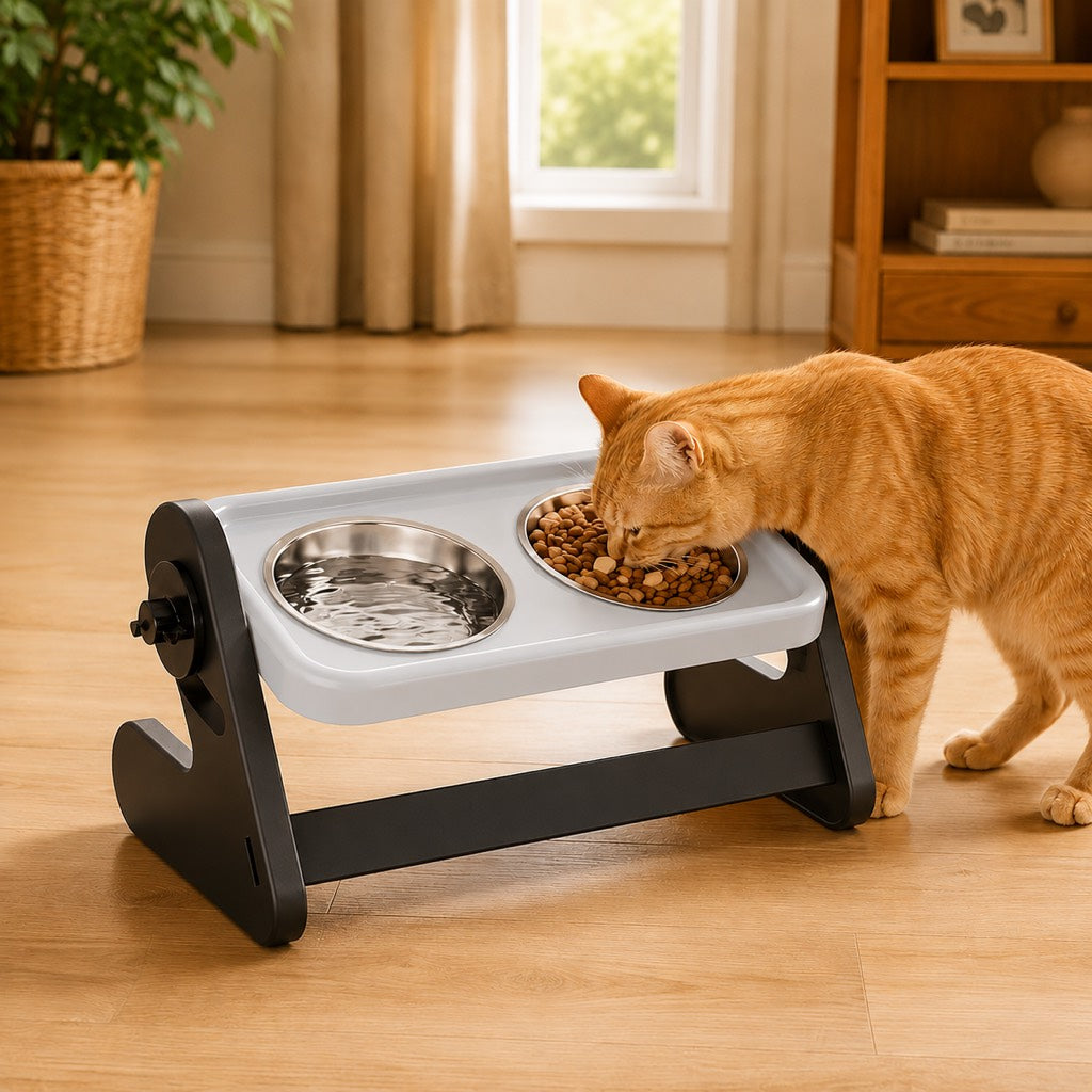 Ortekor Adjustable Elevated Stainless Steel Pet Bowls for Cats & Small Dogs - Tilted Feeding Station for Easier Mealtime & Less Floor Mess