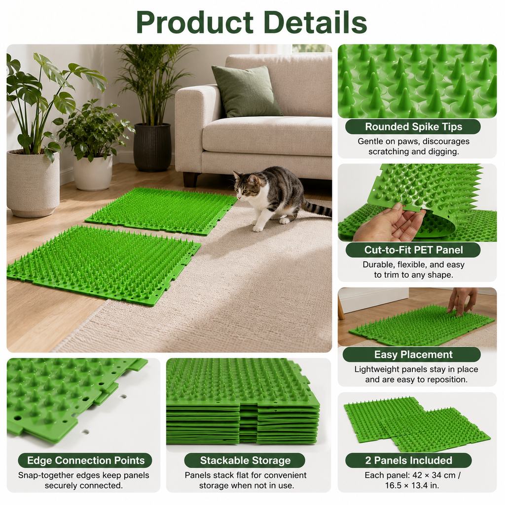 Ortekor 2-Pack Green Cut-to-Fit Cat Deterrent Mat for Sofas, Plants & Balconies - Helps Protect Furniture from Scratching, Digging & Curious Paws