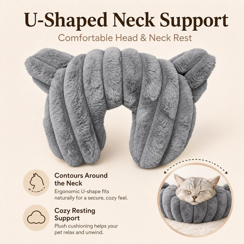 Ortekor Cozy U-Shaped Pet Neck Pillow for Cats & Small Dogs – Soft Plush Sleeping Support Cushion for Comfortable Naps at Home & Travel