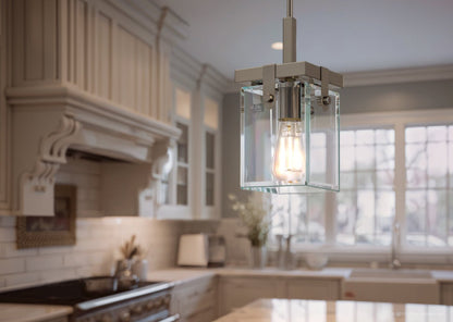 12-Inch Steel and Beveled Glass Hanging Light Fixture for Countertops, Dining Areas, and Hallways – Brushed Nickel Finish with Height-Adjust