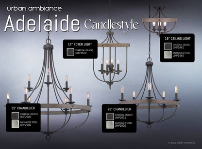 9-Light Steel Pendant Fixture Round Industrial Farmhouse Ceiling Light Charcoal 35-Inch Dining Room Open Cage Chandelier Adjustable Height