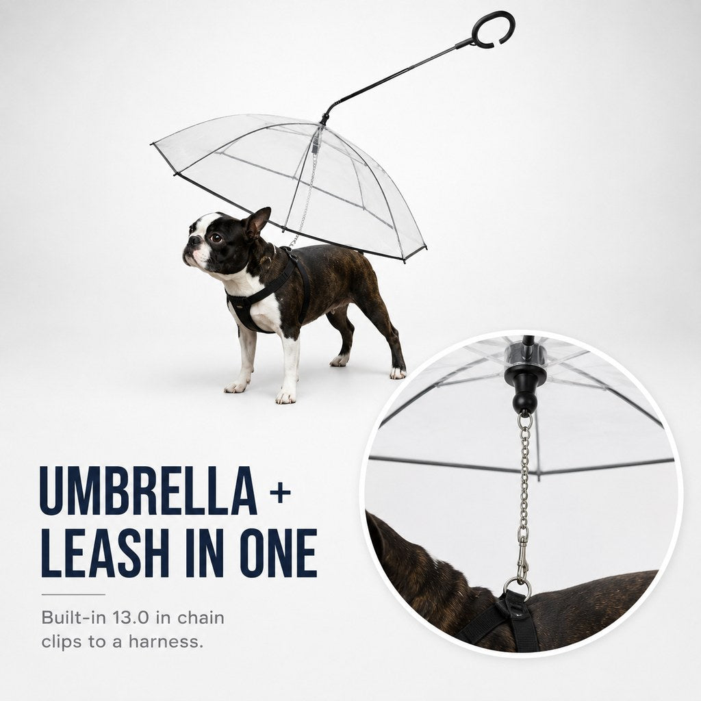 Ortekor Clear Dog Umbrella with Built-In Leash for Rainy Walks & Potty Breaks - Helps Reduce Wet-Coat Cleanup for Small Dogs