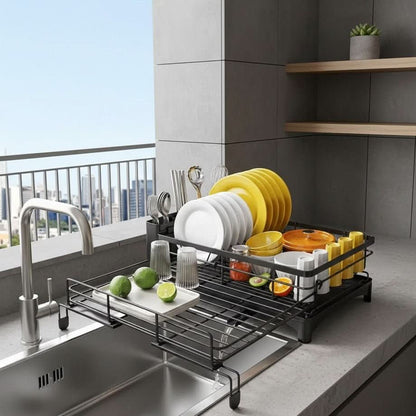 Countertop Dish Rack with Drain Tray & Utensil Holder – Space-Saving Kitchen Organizer for Plates, Bowls & Cutlery
