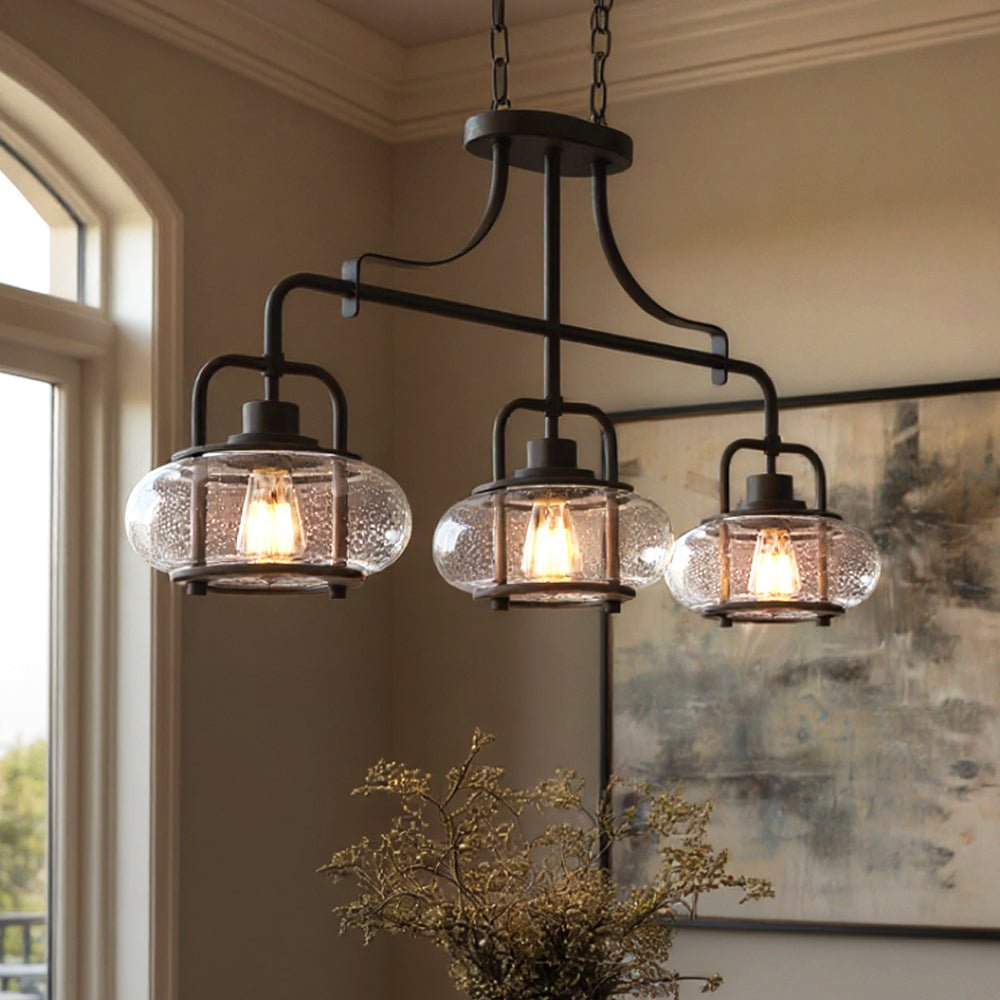 Three-Light Ceiling Fixture Steel & Textured Glass 38 in Wide Adjustable Height Bronze Finish Dining Room Hanging Light for Kitchen Island L