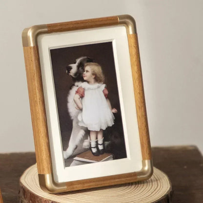 Tabletop Picture Frame with Brass Corner Accents – Real Wood Photo Display for Desk, Shelf & Nightstand – Classic Farmhouse Home Decor