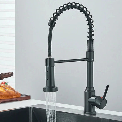 Brass Single-Hole Faucet with Rotating Spout & Detachable Spray Nozzle for Contemporary Kitchens & Dual-Basin Prep Areas