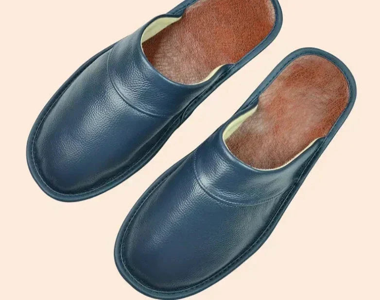 Men's Genuine Leather House Slippers – Soft Indoor Moccasins for Fall & Winter