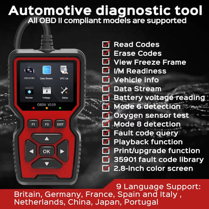 OBD2 Car Diagnostic Scanner with 2.8-Inch Color Display & 35,000+ Trouble Codes for Engine Checks, Live Data & Emissions Testing
