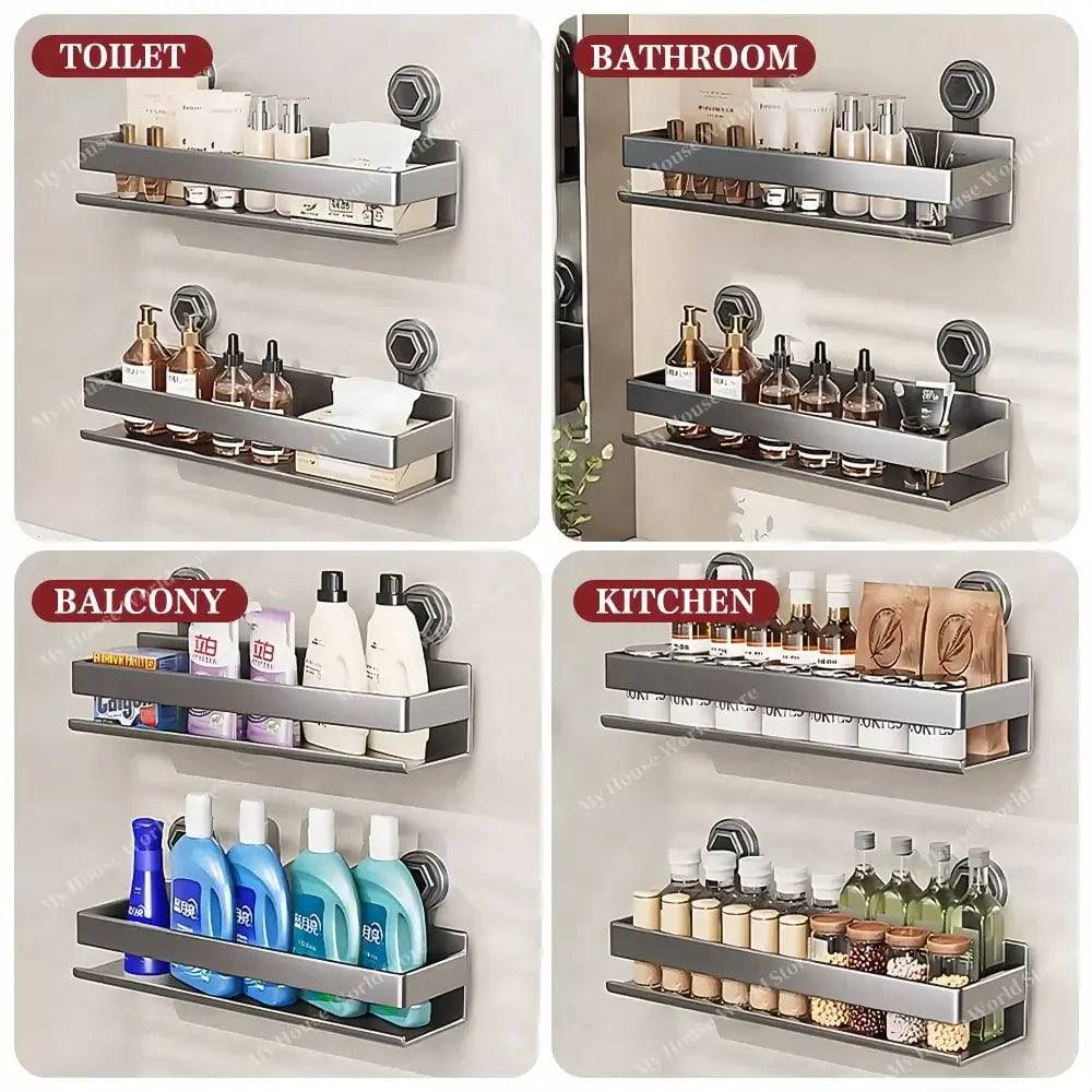 Stainless Steel Suction Cup Spice Shelf for Kitchen Walls – No-Drill Organizer Rack for Smooth Surfaces, Tiles & Glass – Adjustable
