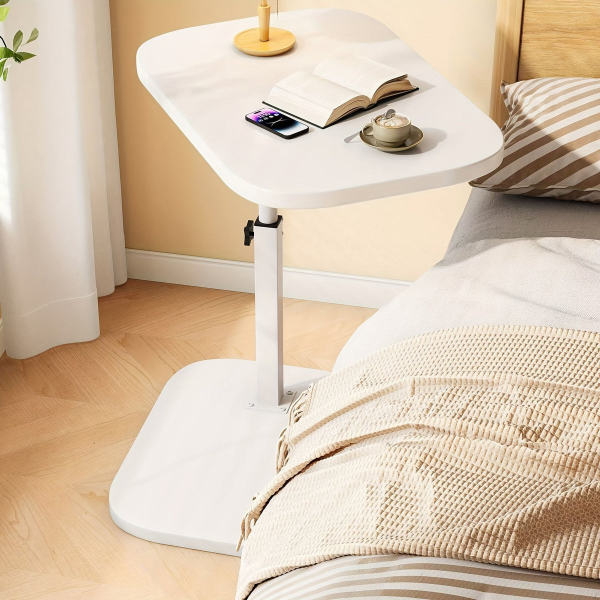 Adjustable Height C-Table for Couch & Bed – Wood Top, Metal Base, Slides Under Furniture for Living Room, Bedroom, Home Office