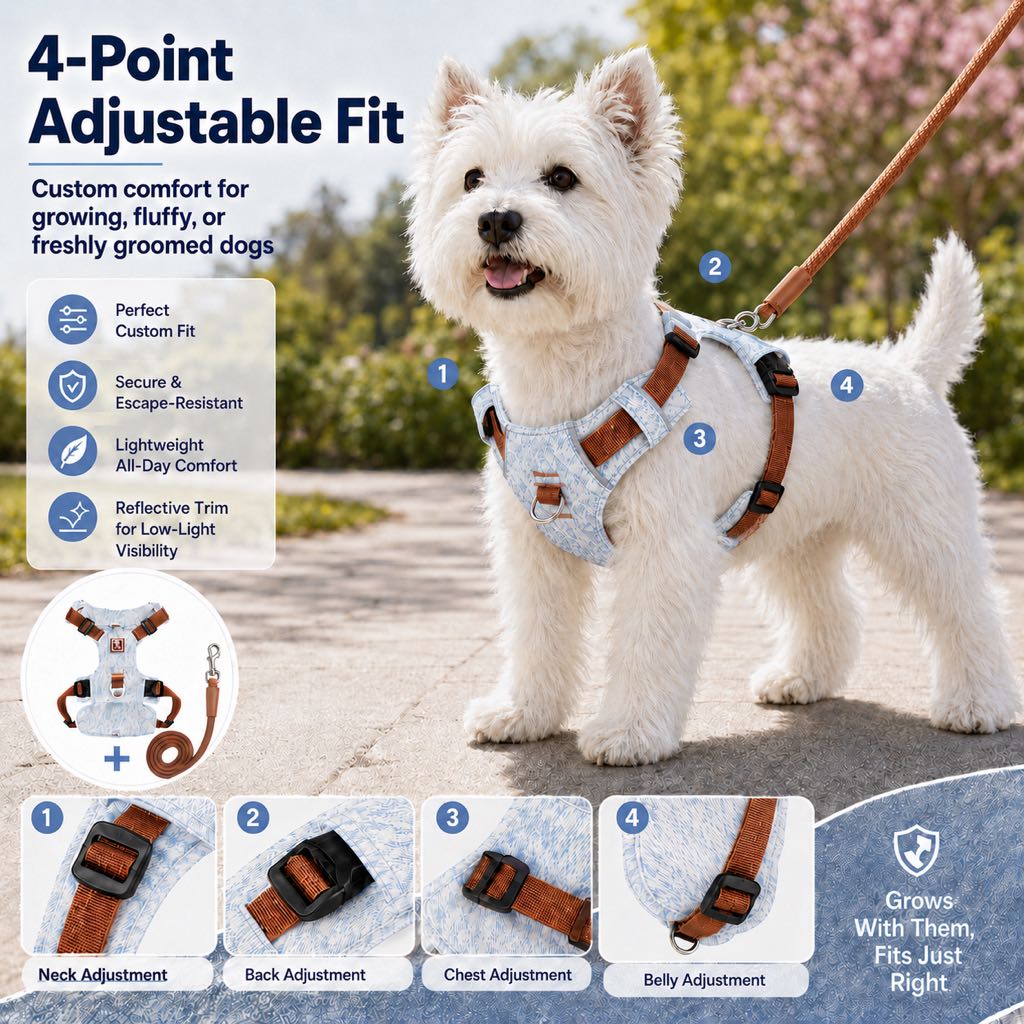 Ortekor Vintage Denim No-Pull Dog Harness &5 ft Rope Leash Set - Soft Adjustable Vest for Everyday Walks, Better Control & Low-Light Visibility