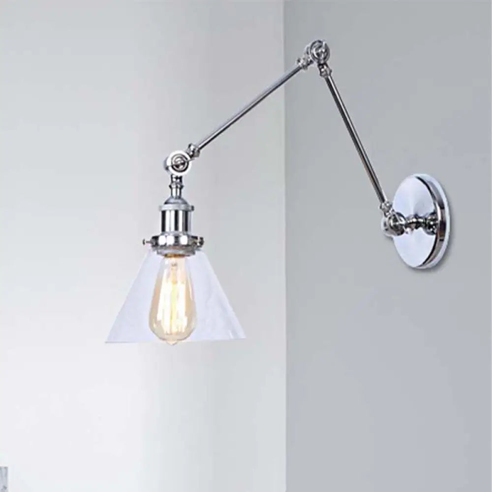 Adjustable Swing Arm Wall Lamp with Tapered Clear Glass Shade – Industrial Style Sconce for Bedroom, Hallway & Den