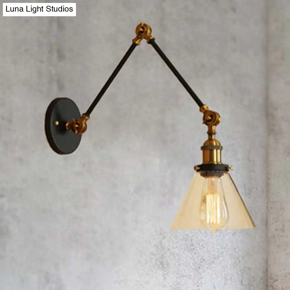 Adjustable Swing Arm Wall Lamp with Tapered Clear Glass Shade – Industrial Style Sconce for Bedroom, Hallway & Den