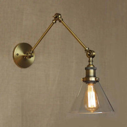 Adjustable Swing Arm Wall Lamp with Tapered Clear Glass Shade – Industrial Style Sconce for Bedroom, Hallway & Den