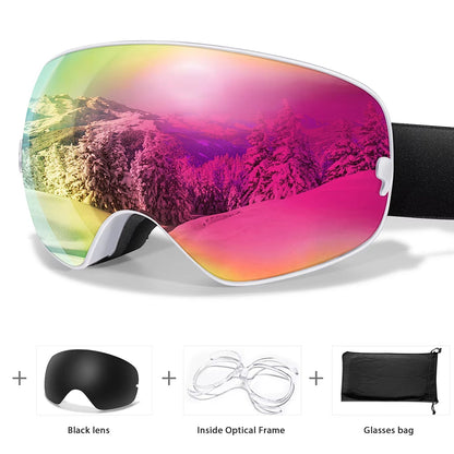 Anti-Fog Snow Goggles for Skiing & Snowboarding – UV400 Protection, OTG Compatible, Lightweight 4 oz Design