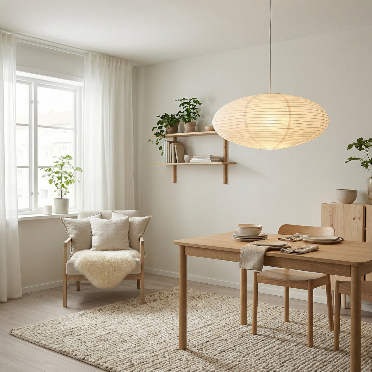 Paper Lantern Pendant Light E26 Minimalist Hanging Lamp for Dining Room Kitchen Island Adjustable Height Ceiling Fixture Natural Cotton