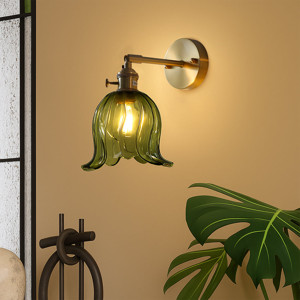 Floral Glass Sconce Light 6.3 Inch Green Metal Arm Wall Mount Fixture for Bedrooms Entryways Living Spaces Ambient LED Lighting